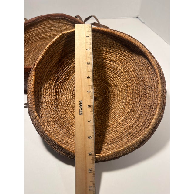 Antique Ethiopian Agelgil Woven Rattan & Leather Covered Basket 10" Diameter For Sale - Image 9 of 11