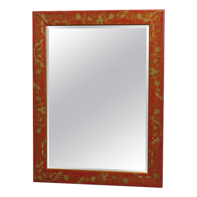 Red and Gold Lacquer Chinoiserie Wall Mirror, 1990 For Sale