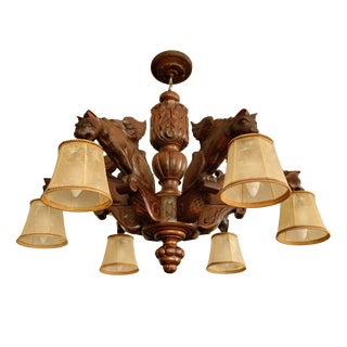 Antique Black Forest Gothic Revival Carved Wood Chandelier with Gargoyles and Mascarons, 1940s For Sale