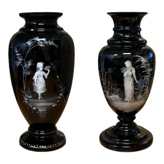 Pair of Black Amethyst Glass Mary Gregory Vases For Sale
