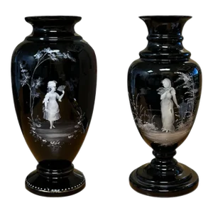 Pair of Black Amethyst Glass Mary Gregory Vases