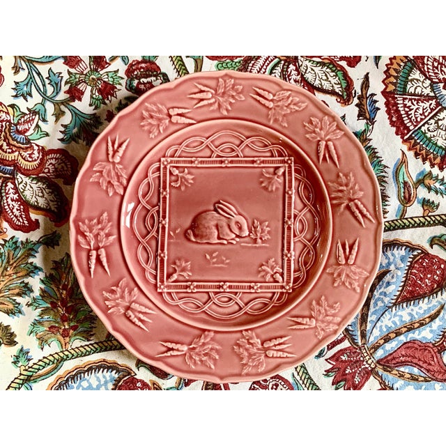 Vintage Portuguese 'Bordallo Pinheiro' Majolica Glazed Ceramic Bunny Plate. This piece has an exquisitely detailed garden...