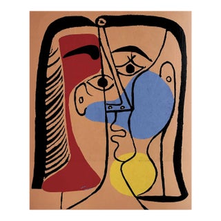 Picasso Linocut Large Red Blue & Yellow Head XXe Siecle 1978* For Sale
