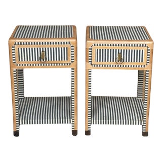 Pair of Edward Stripe Canvas and Leather Nightstands by Made Goods For Sale