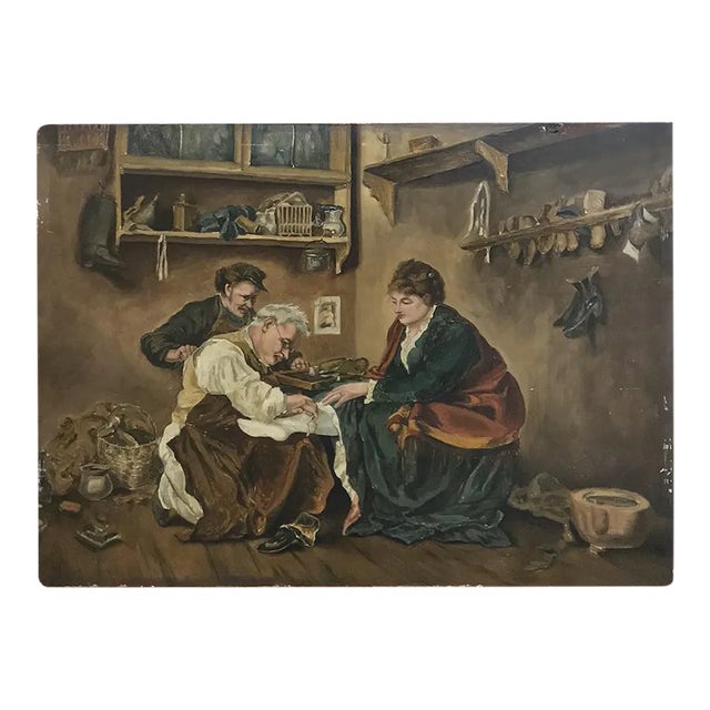 Antique Oil Painting on Board of Shoemaker at Work For Sale