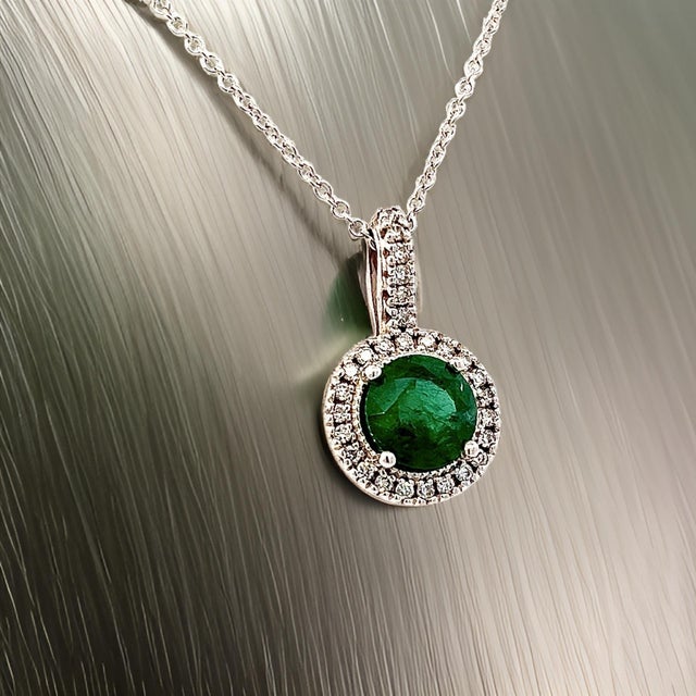 Natural Emerald Diamond Pendant Necklace 18" 14k W Gold 1.90 TCW Certified For Sale - Image 11 of 15