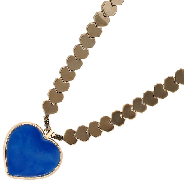 Early 21st Century Murano Glass Blue Heart Pendant Gold Hematite Happy Necklace For Sale - Image 5 of 10