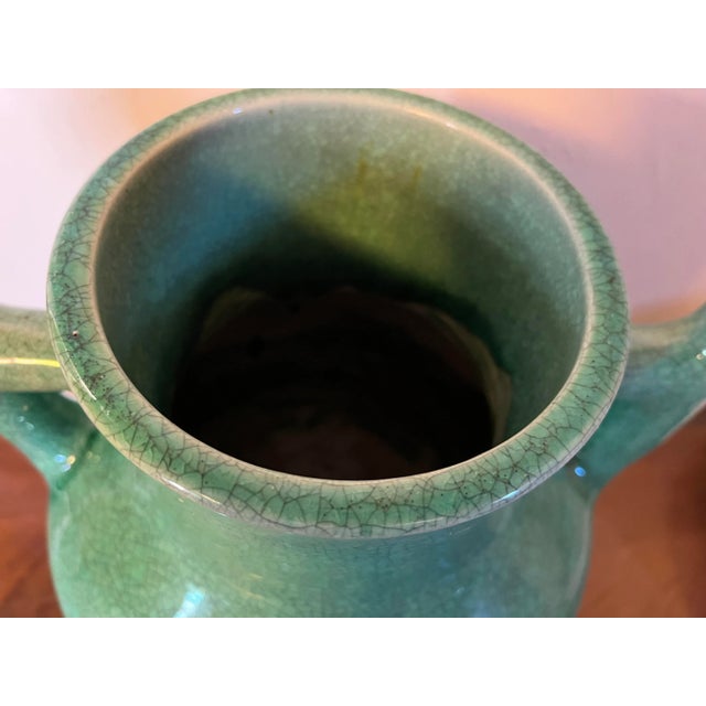 Early 20th Century Large 1920 Art Deco Japanese Monochrome Green Crackle Glaze Vase in Archaic Form For Sale - Image 5 of 13