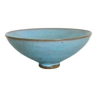 Late 19th Century Antique Chinese Pale Blue Glazed Jun Ware Bowl and Wood Display Stand, Qing For Sale