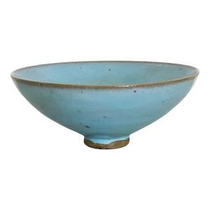 Late 19th Century Antique Chinese Pale Blue Glazed Jun Ware Bowl and Wood Display Stand, Qing