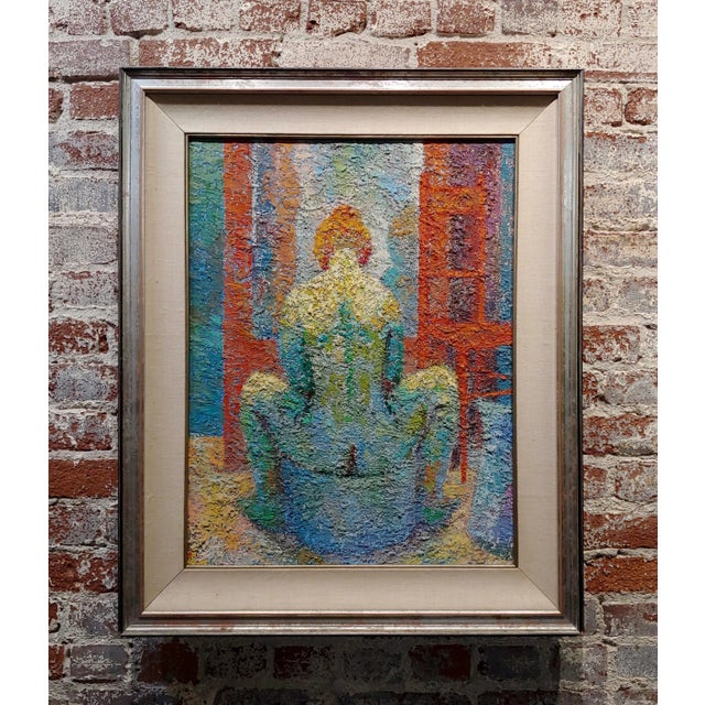 Manuel De Arce 1970s Pointillism Oil Painting, Nude Female in Lavatory For Sale - Image 11 of 11