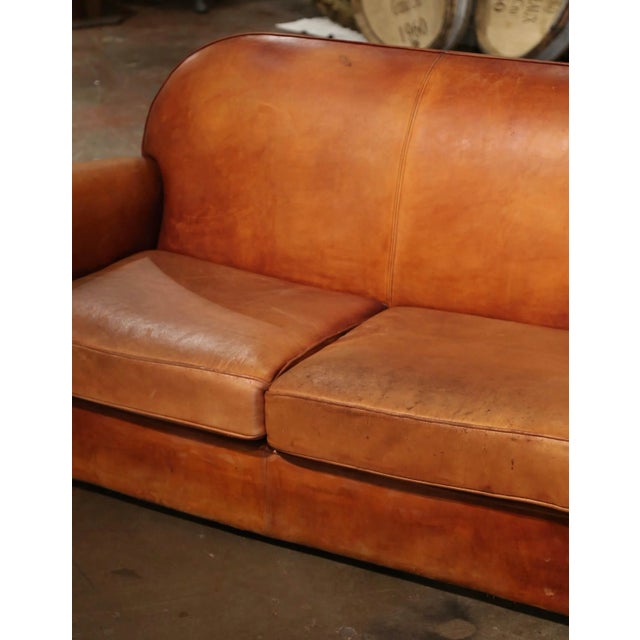 Early 20th Century Early 20th Century French Art-Deco Brown Leather Two-Seat Club Sofa For Sale - Image 5 of 11