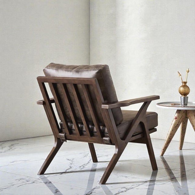 Brown Mid Century Modern Accent Chair – Upholstered Armchair For Sale - Image 8 of 8