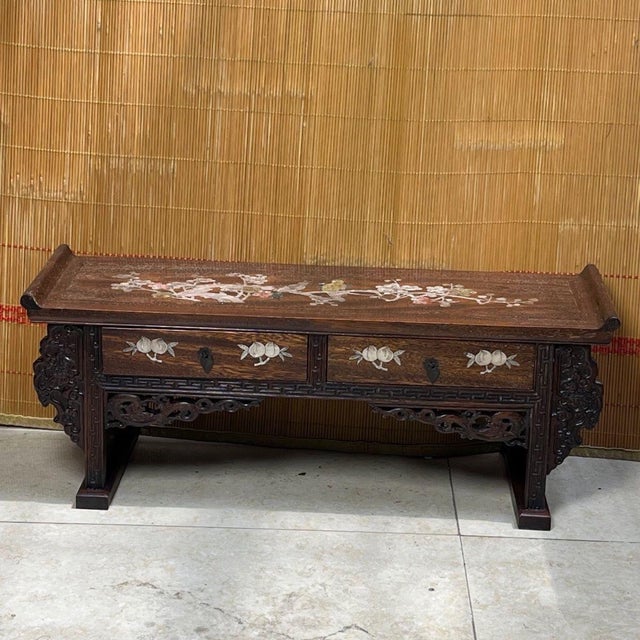 Vintage Chinese Hardwood Mother-of-Pearl Inlaid "Magpie & Plum" Altar Table (Tea Stand) For Sale - Image 4 of 9