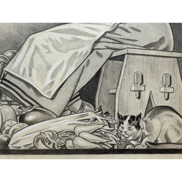 American 1940s Original Signed Graphite Illustration of Praying Woman With Harvest Still Life, 11.75 X 9.75 In. For Sale - Image 3 of 6