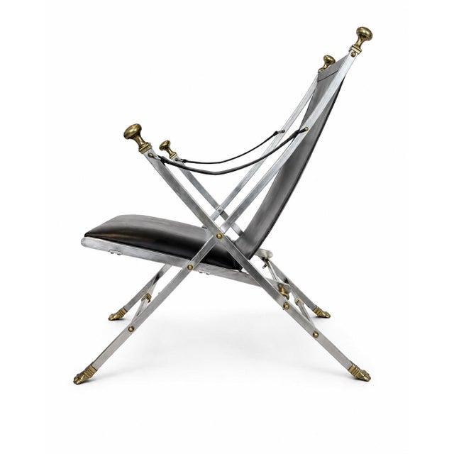 Campaign Attributed to Maison Jansen Campaign Chairs – Brass & Steel With Black Leather Sling, 1970s. Three Available. For Sale - Image 3 of 6