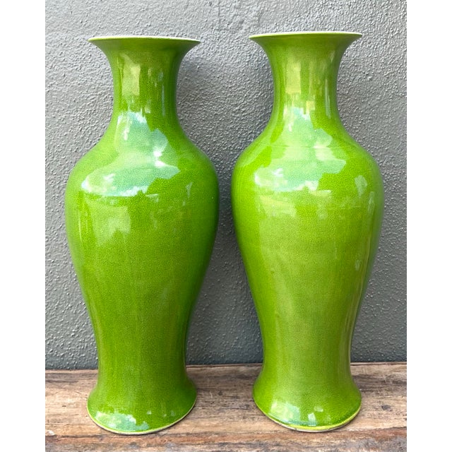 Ceramic Vintage Crackle Glaze Ceramic Vases - A Pair For Sale - Image 7 of 12
