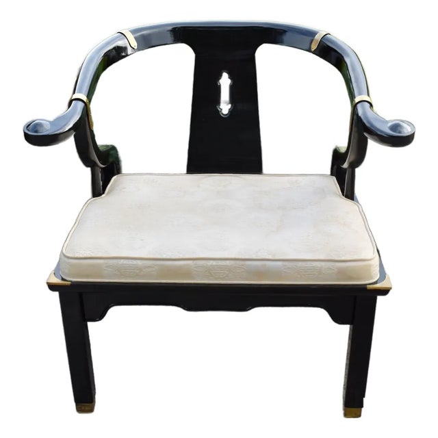 Vintage Century Chair Black Lacquer Horseshoe Ming Chair Brass Accents For Sale
