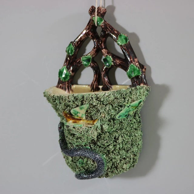 Victorian 19th Century Portuguese Palissy Majolica Snake & Bird Wall Pocket For Sale - Image 3 of 12