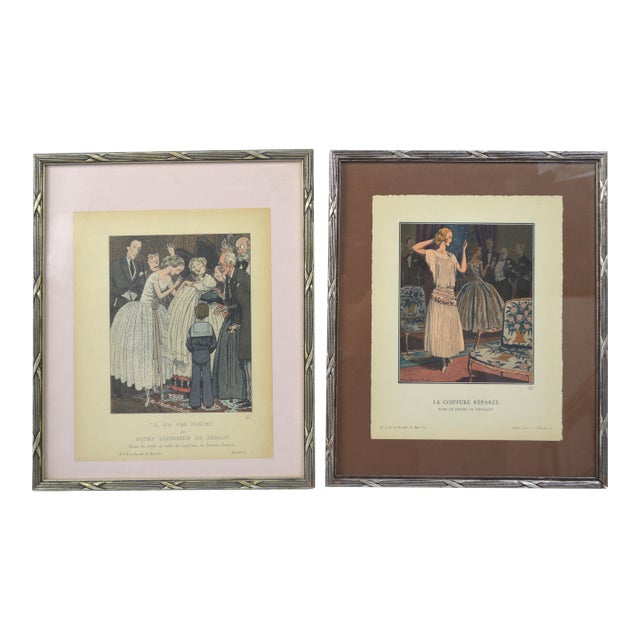 French Art Deco Gazette Du Bon Ton Fashion Prints W House of Heydenryk Silver Gilt Frames - Set of 2 For Sale
