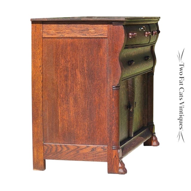 Late 19th Century Antique Buffet | American Empire Server | Tiger Oak Sideboard With Carved Lion Paw Feet | Ogee Scroll Drawer | C1890-1915 | 54" Wide For Sale - Image 5 of 18