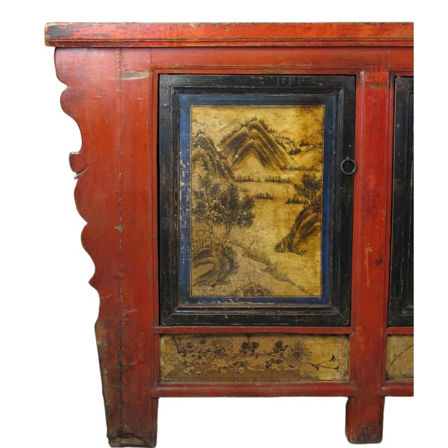 Wood Late 19th Century Hand Painted 78" Long Red Gansu Sideboard Cabinet For Sale - Image 7 of 13