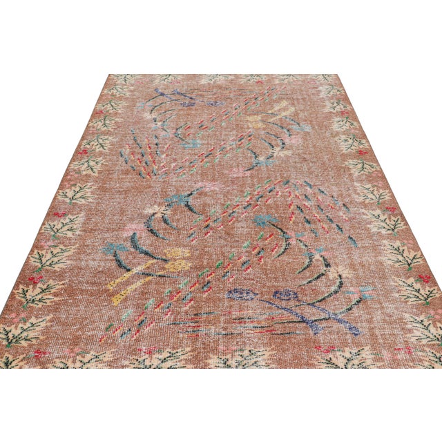 1960s Vintage Zeki Müren Rug in Beige-Brown With Floral Patterns, From Rug & Kilim For Sale - Image 5 of 7