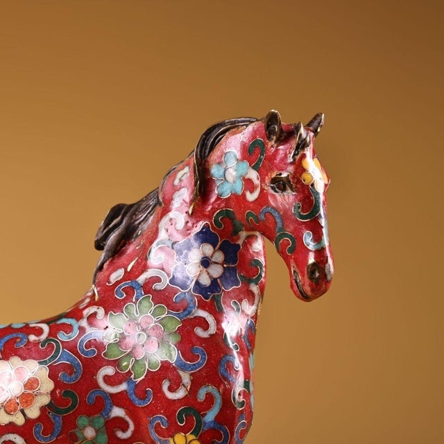Metal Gilt Bronze Cloisonné Enamel Horse Figure on Rockwork Base For Sale - Image 7 of 10