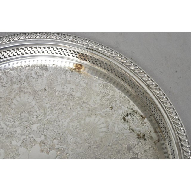 Silver Vintage Wm Rogers Round Sllver Plated Raised Gallery Serving Platter Bar Tray For Sale - Image 8 of 12