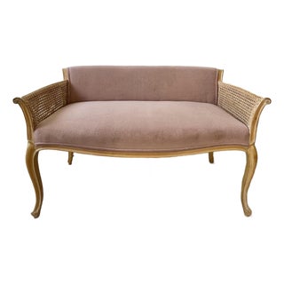 Hollywood Regency Louis XV Style Washed Caned Loveseat Serpentine Frame For Sale
