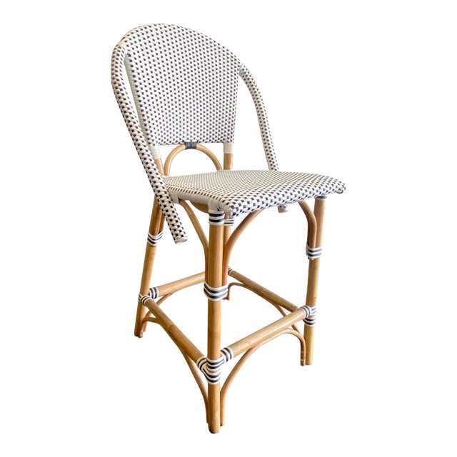 French Parisian Bistro Style Rattan Counter Height Stool, Black & White