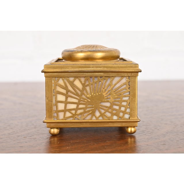 A gorgeous Arts & Crafts or Art Deco period gilt bronze and favrile slag glass "Pine Needle" pattern inkwell By Tiffany...