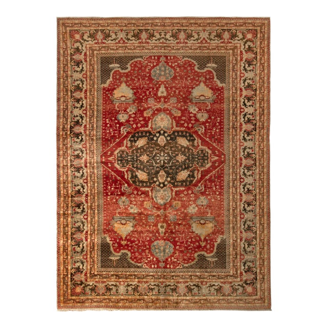 Hand Knotted Antique Hereke Rug in Red and Beige Brown Medallion Pattern For Sale
