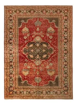 Hand Knotted Antique Hereke Rug in Red and Beige Brown Medallion Pattern