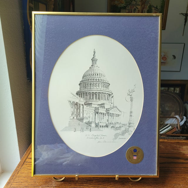 Cream Vintage Don Cannavaro Framed and Signed Lithograph ' Us Capitol Dome Washington TexasThriftJunkie (560) For Sale - Image 8 of 17