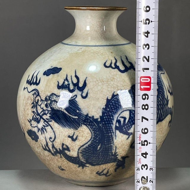 Gemstone Vintage Chinese Crackle Glaze Blue & White "Dragon" Globular Vase (Apple Vase) For Sale - Image 7 of 9