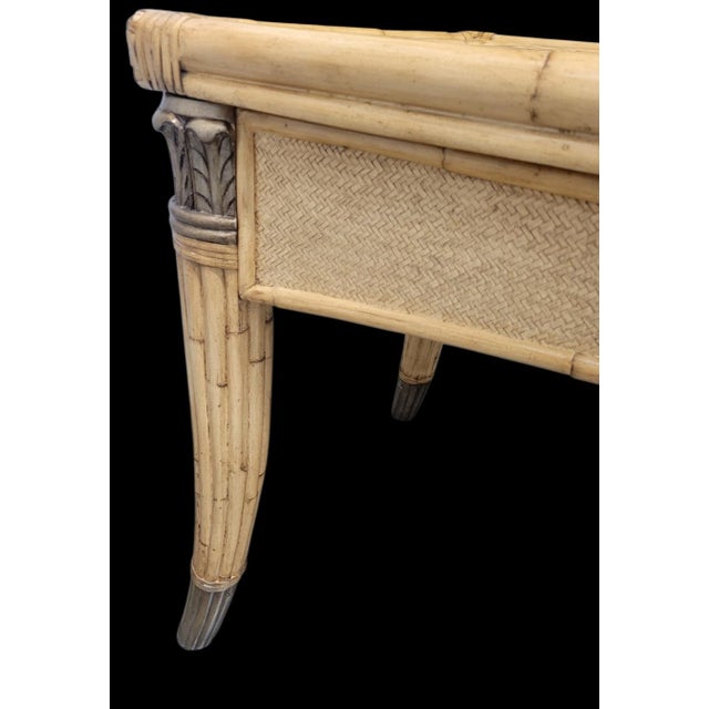 Tan Vintage Coastal Regency Double Palm Tree Carved Wicker Bamboo Desk Dining Table For Sale - Image 8 of 9