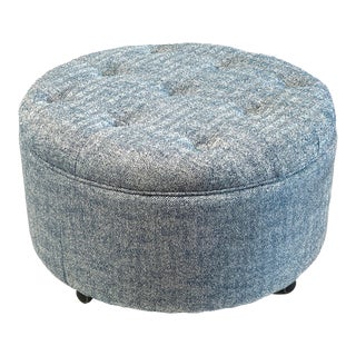 Tufted Upholstered Blue Round Ottoman For Sale