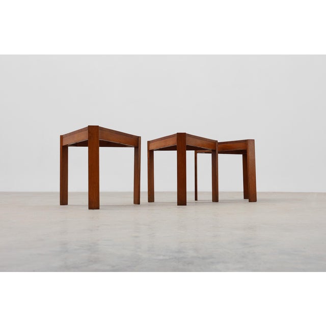 Wood Triangular Oak Stacking Tables, France, 1960s, Set of 3 For Sale - Image 7 of 14