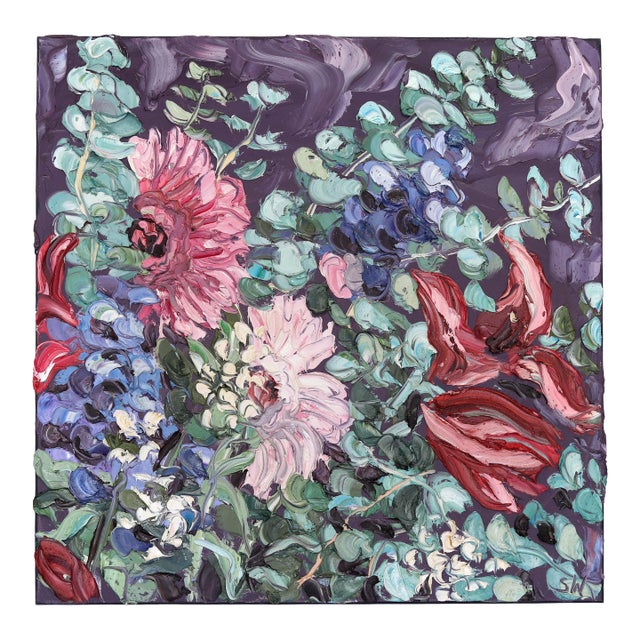 Flowers on Tuesday - Abstract Botanical Textured Still Life Thick Oil Painting by Sally West For Sale