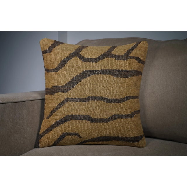 Mustard Brown Tribal Stripe Kilim Pillow – 16x16 Vintage Handwoven For Sale In New York - Image 6 of 6