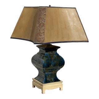 1940s Monumental Square Hollywood Regency Blue Multicolor Large Lamp Style After Fortuny & Parchment Shade For Sale