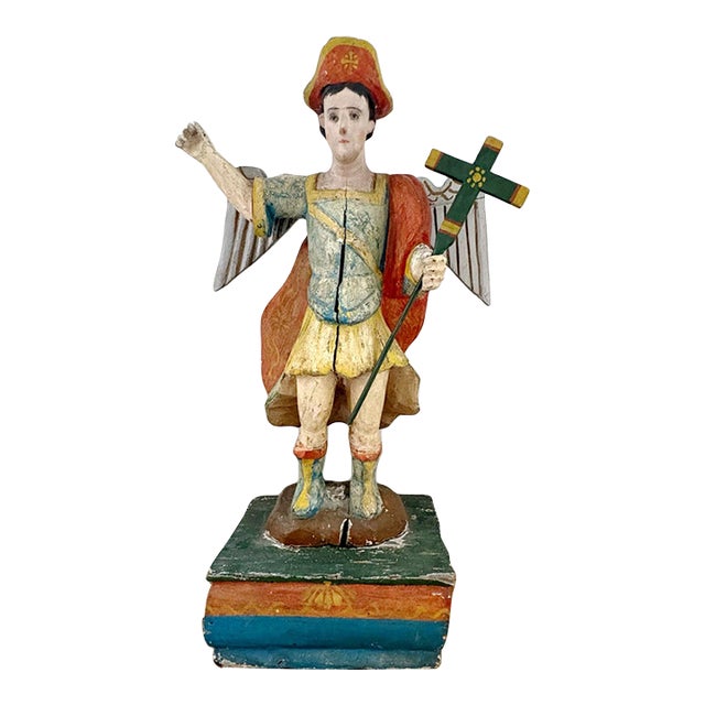 Weathered 19th Century Antique Wood Archangel Michael Primitive Religious Figurine For Sale