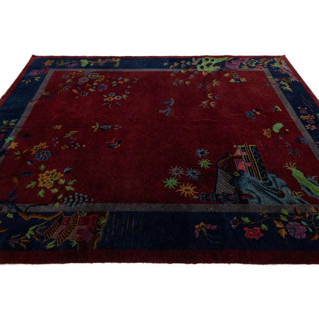 8 X 10 Antique Handmade Chinese Art Deco Wool Rug in Red With Traditional Design For Sale - Image 9 of 12