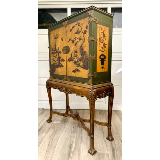 Mid-Century Chinoiserie Scenic Two-Door Cabinet With Ornate Brass Hardware For Sale - Image 12 of 18