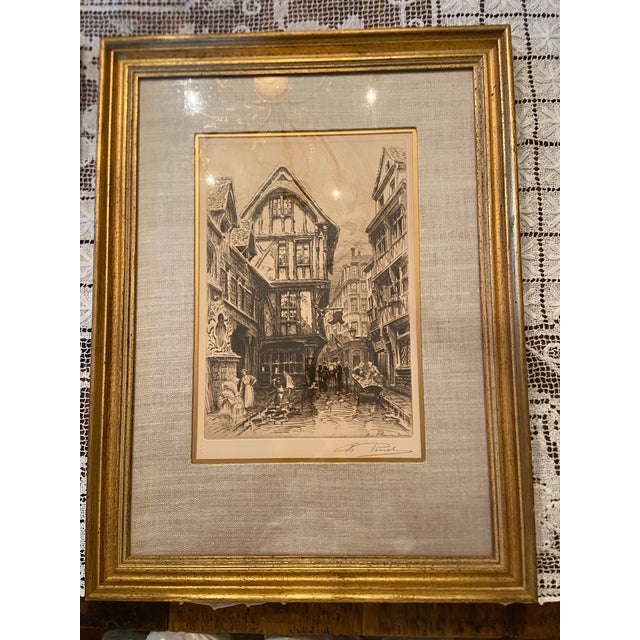 This is a pair of vintage French artist Charles Pinet signed, matted, and framed original etchings from the early 20th...