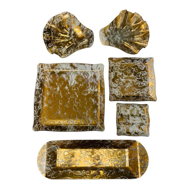 Fleurs D’oro Gold Leaf Glass Trays - Set of 6 For Sale
