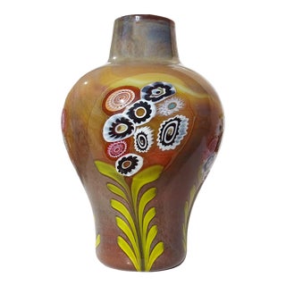 Vintage Murano Millefiori Flower Murrines Opalescent Orange Chalcedony Surface Italian Art Glass Vase For Sale