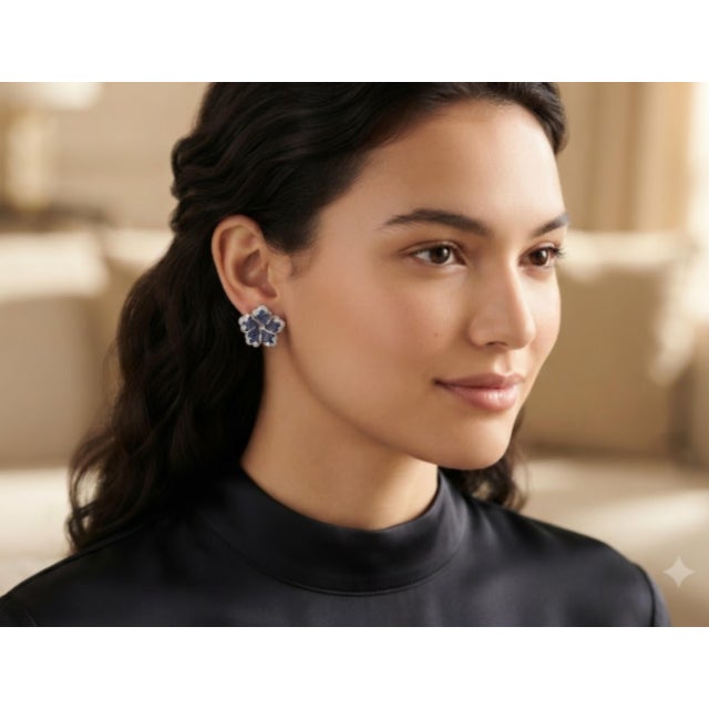 Metal Natural 1.17cts Blue Sapphire & 0.32cts Diamond Earring in 18k Gold For Sale - Image 7 of 8