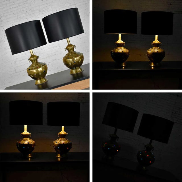 Mid 20th Century Tibetan Brass Lamps Hand Hammered With Glass Jewel Detail & New Black Shades, a Pair For Sale - Image 12 of 14